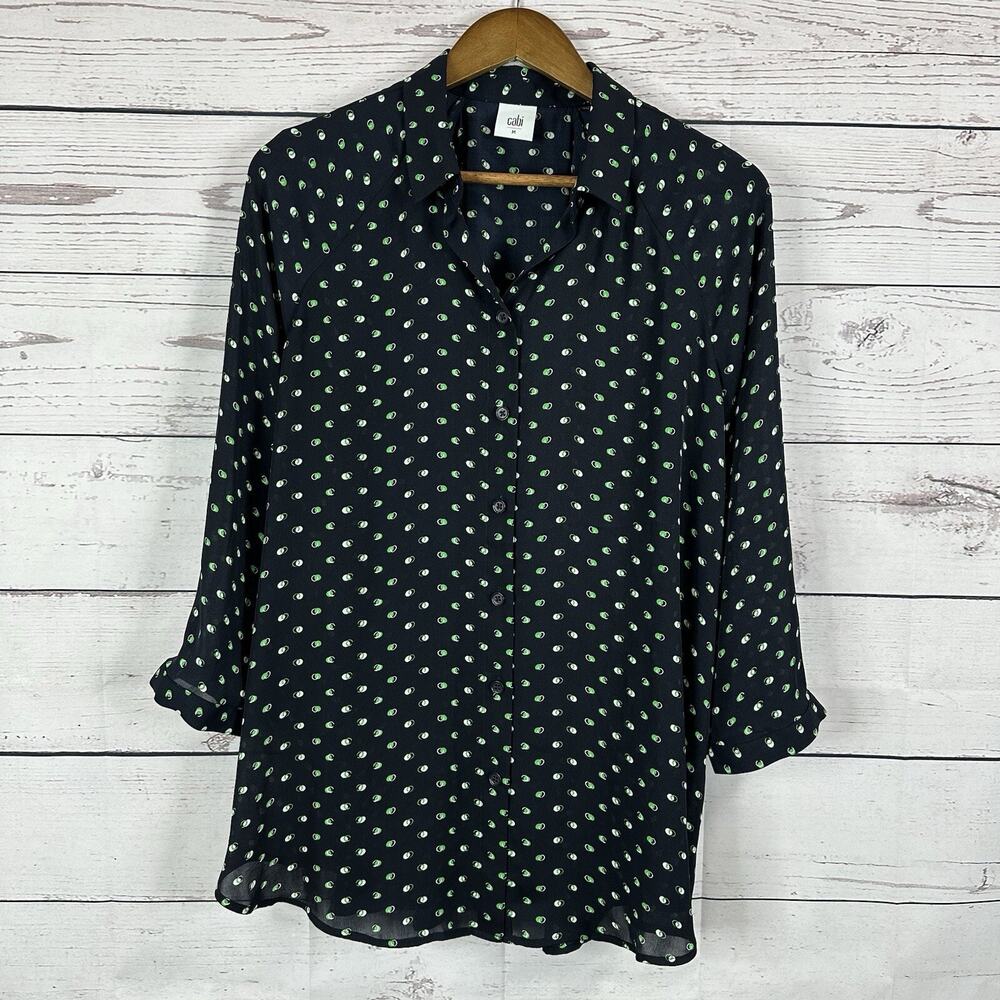 CAbi Top‎ Martini Blouse Womens Medium Blue Green Button Front Flowy Office 5019